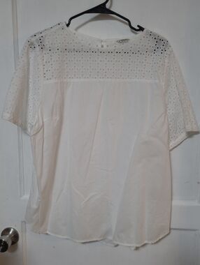 L.L. Bean White Eyelet Yoke Short Sleeve Top